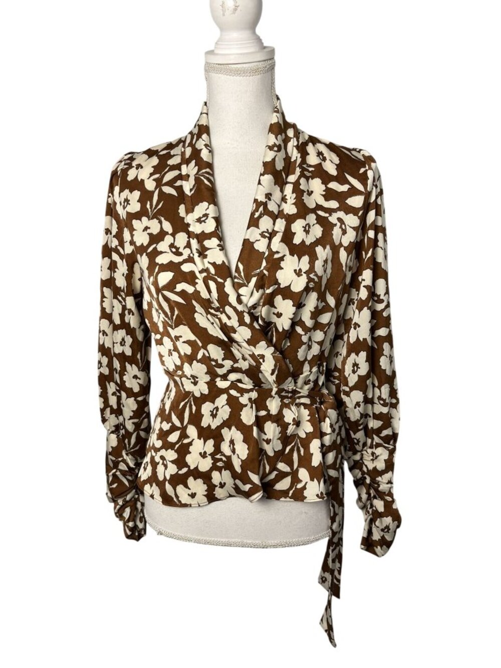 Lulus XS Brown Floral True Wrap Blouse Long Sleeve Used